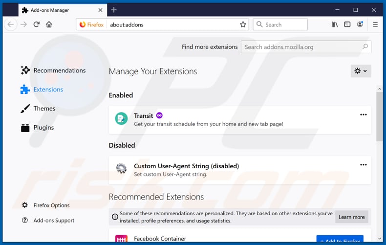 Verwijdering frauduleuze extensies uit Mozilla Firefox stap 2