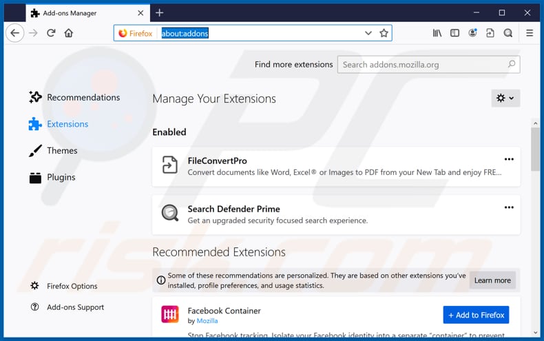 Verwidering fileconvertpro.co gerelateerde Mozilla Firefox extensies