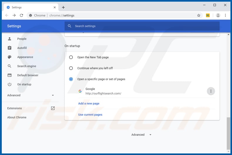 Verwijdering ourflightsearch.com uit Google Chrome startpagina