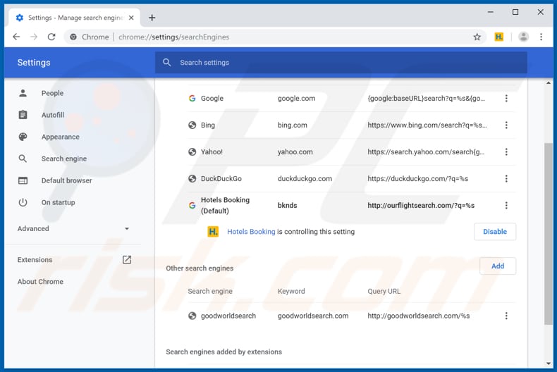 Verwijdering ourflightsearch.com uit Google Chrome standaard zoekmachine
