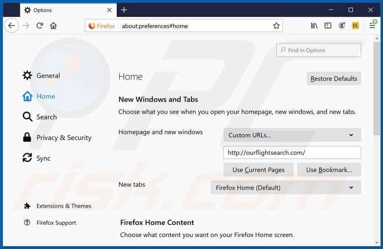 Verwijdering ourflightsearch.com uit Mozilla Firefox startpagina