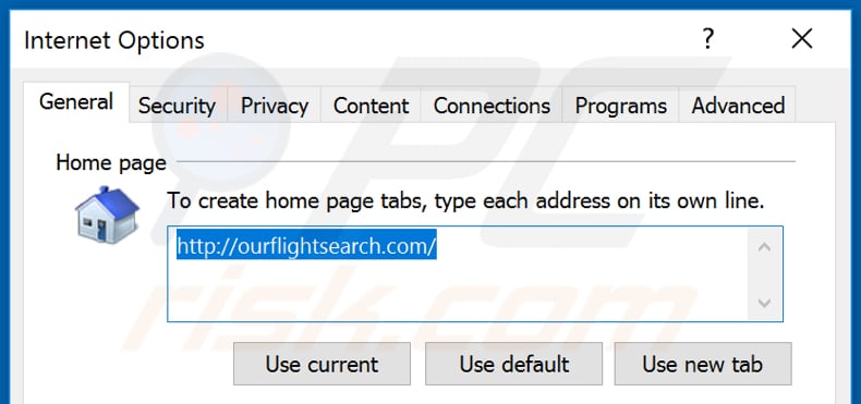 Verwijdering ourflightsearch.com uit Internet Explorer startpagina