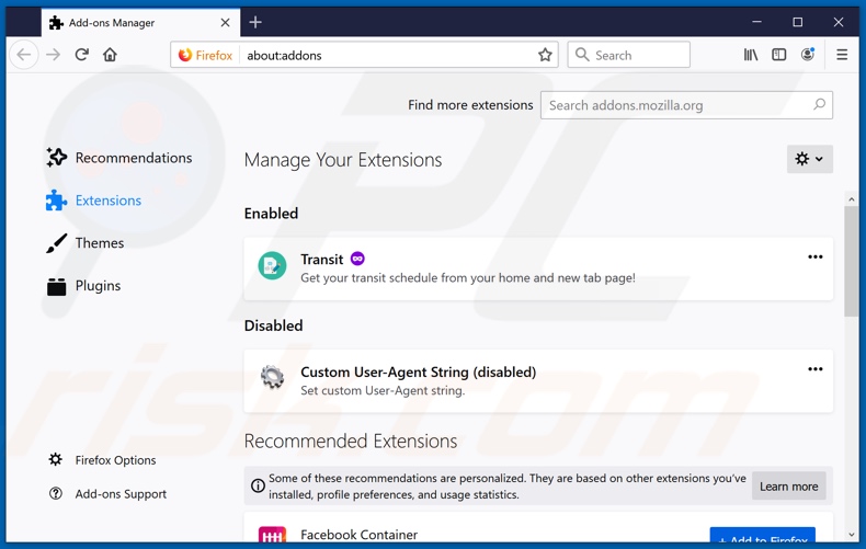 Verwijdering frauduleuze extensies uit Mozilla Firefox stap 2