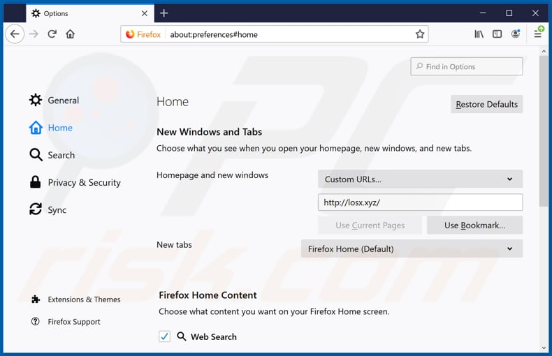 Verwijdering losx.xyz uit Mozilla Firefox startpagina