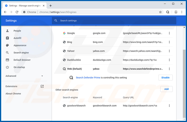 Verwijdering searchdefenderprime.com uit Google Chrome standaard zoekmachine