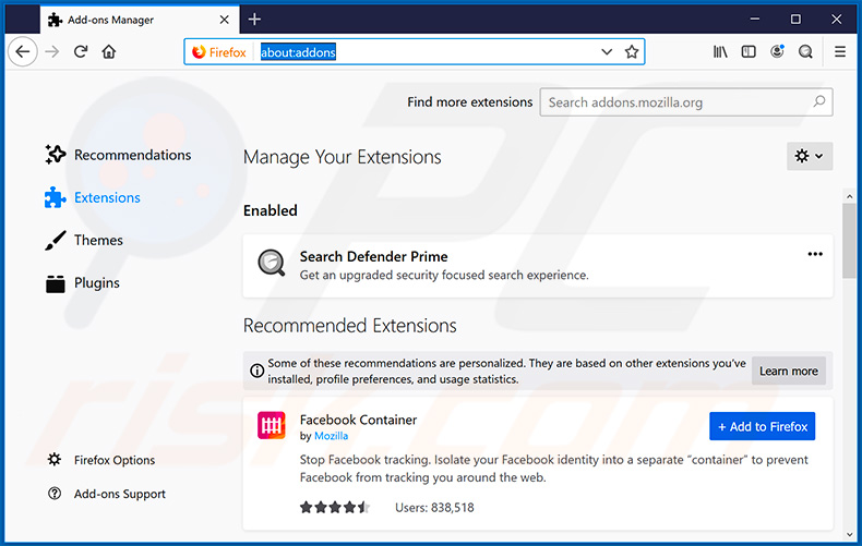 Verwijdering searchdefenderprime.com gerelateerde Mozilla Firefox extensies