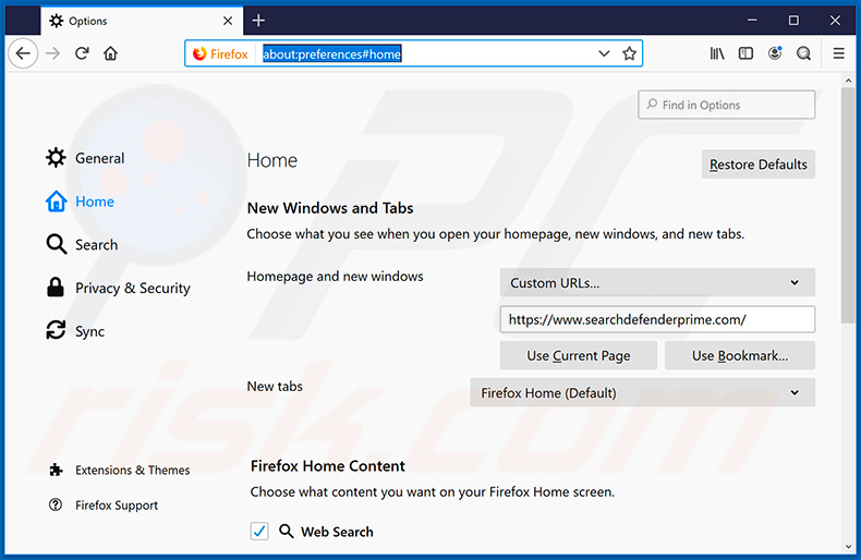 Verwijdering searchdefenderprime.com uit Mozilla Firefox startpagina