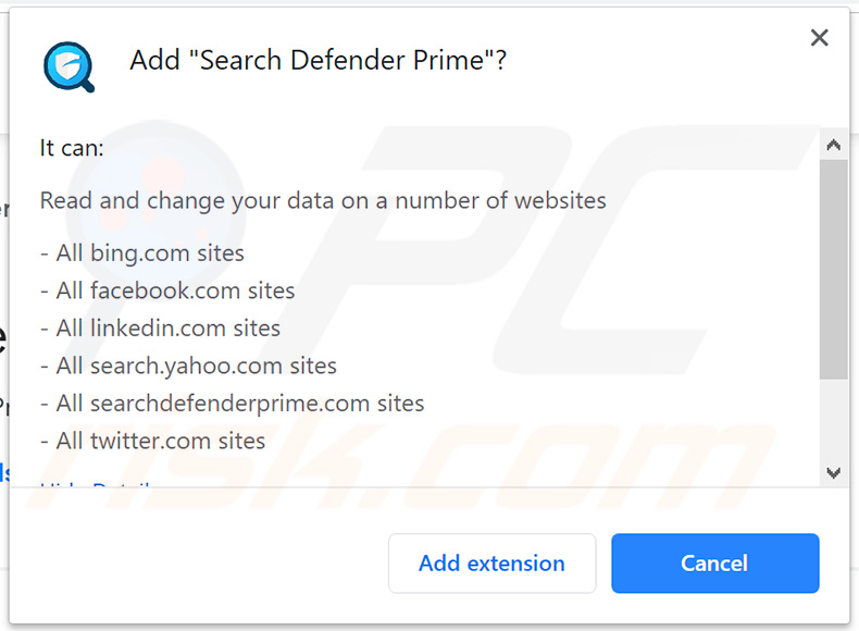 Officiele Search Defender Prime vraagt toestemming op Google Chrome