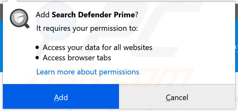 Officiele Search Defender Prime vraagt toestemming op Mozilla Firefox