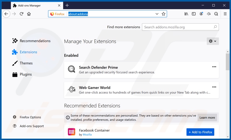 Verwijdering webgamerworld.com gerelateerde Mozilla Firefox extensies