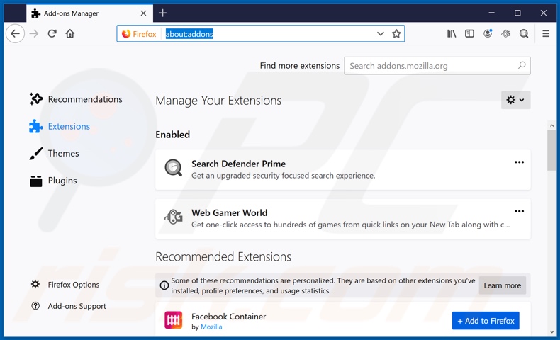 Verwijdering webgamerworld.com gerelateerde Mozilla Firefox extensies