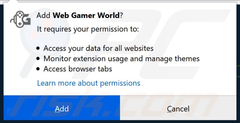 Web Gamer World vraagt om toestemmingen (Firefox)