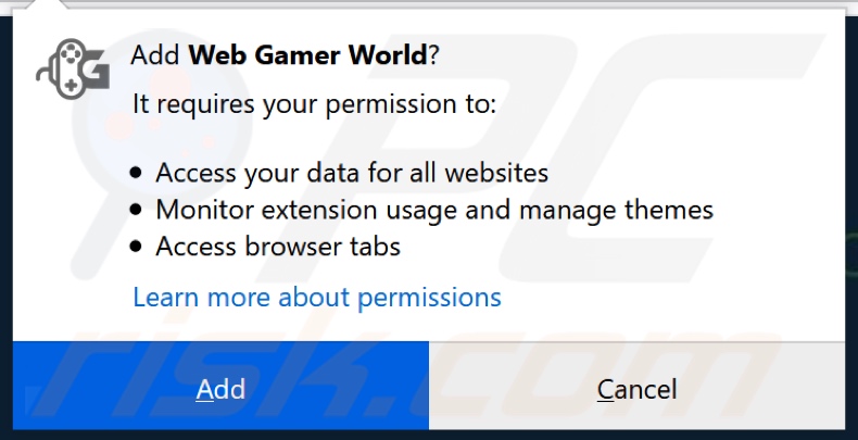 Web Gamer World vraagt om toestemmingen (Firefox)