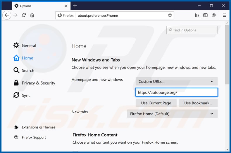 Removing autopurge.org from Mozilla Firefox homepage