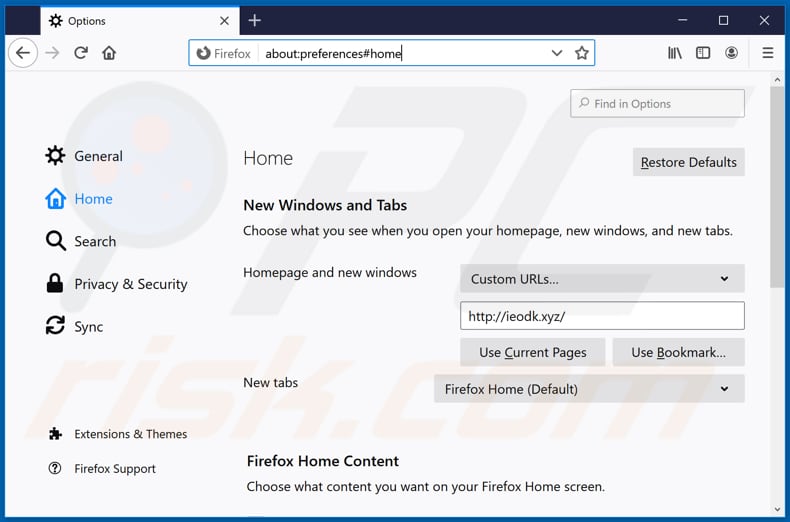 Verwijdering ieodk.xyz uit Mozilla Firefox startpagina