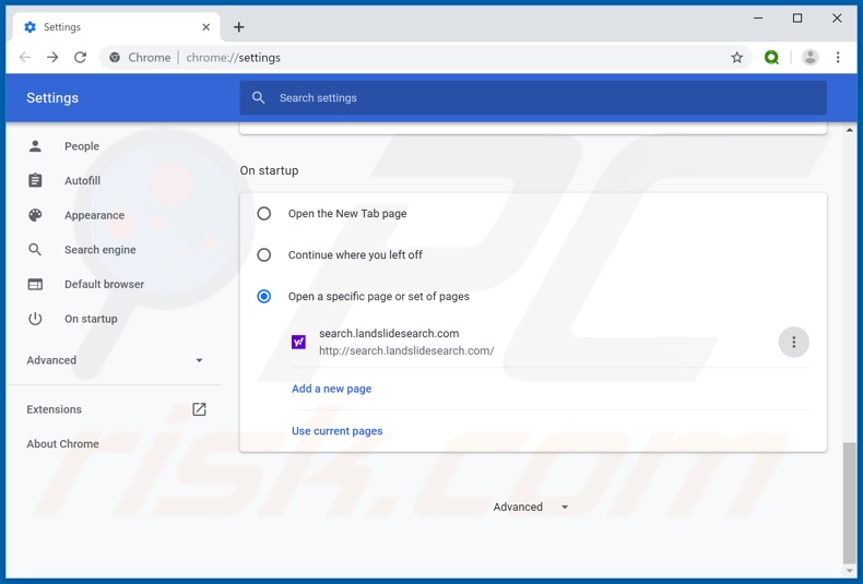 Verwijdering search.landslidesearch.com uit Google Chrome startpagina