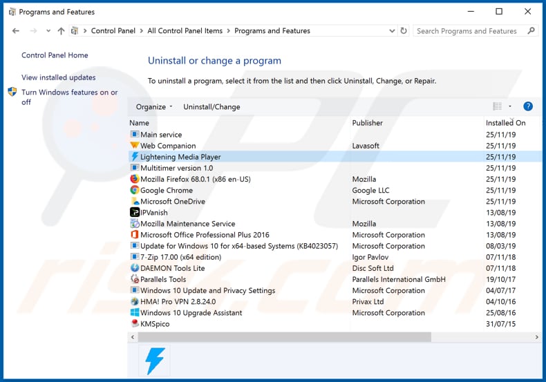 Lightening Media Player adware verwijderen via Configuratiescherm