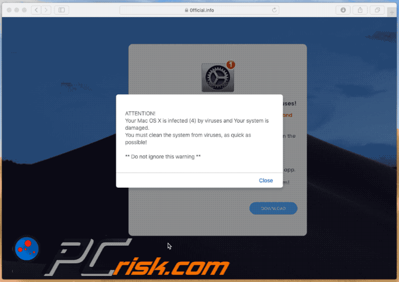 Mac OS X Is Infected (4) By Viruses pop-up oplichting (GIF)