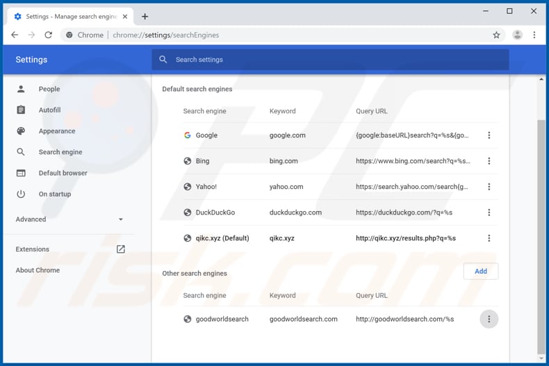 Verwijdering qikc.xyz uit Google Chrome standaard zoekmachine