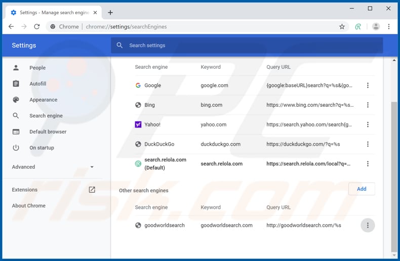 Verwijdering search.relola.com uit Google Chrome standaard zoekmachine