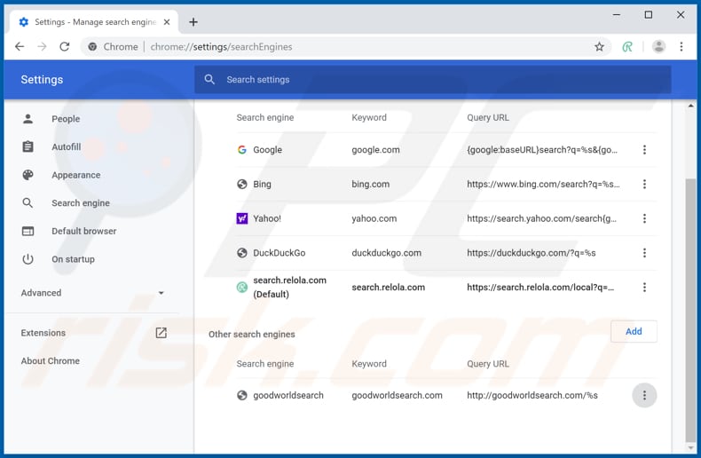 Verwijdering search.relola.com uit Google Chrome standaard zoekmachine