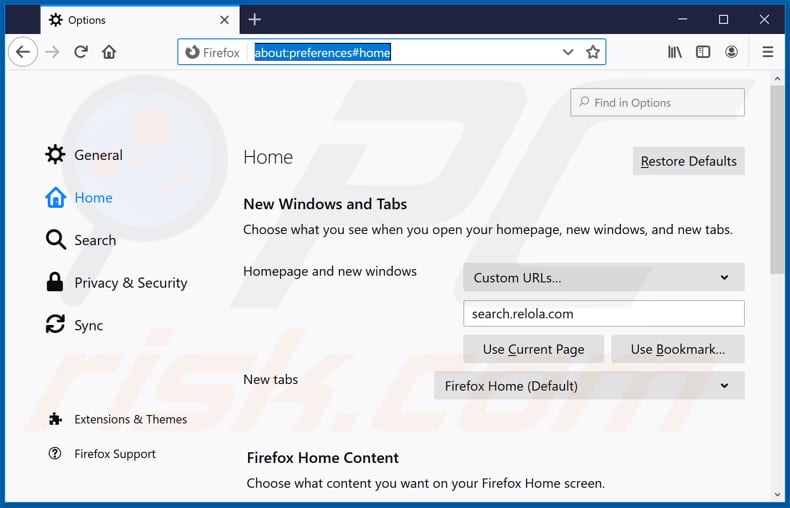 Verwijdering search.relola.com uit Mozilla Firefox startpagina