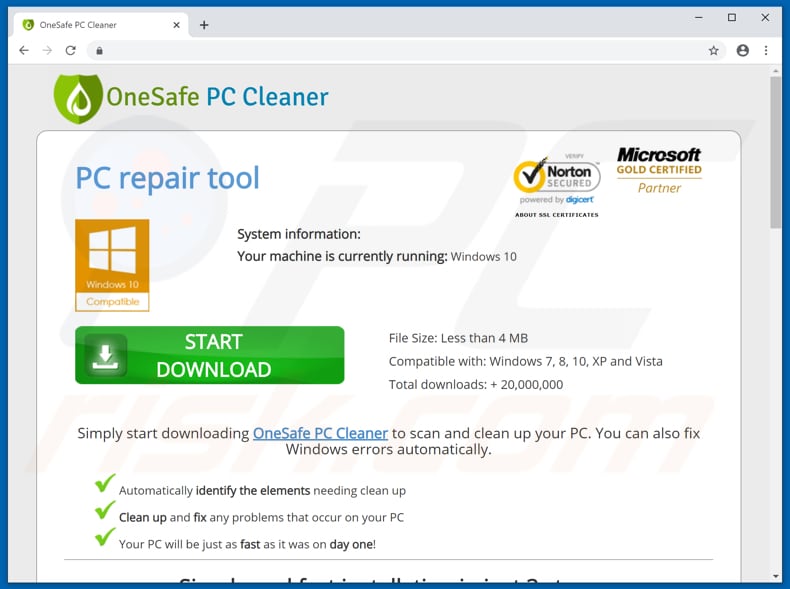Website promoot de OneSafe PC Cleaner ongewenste app