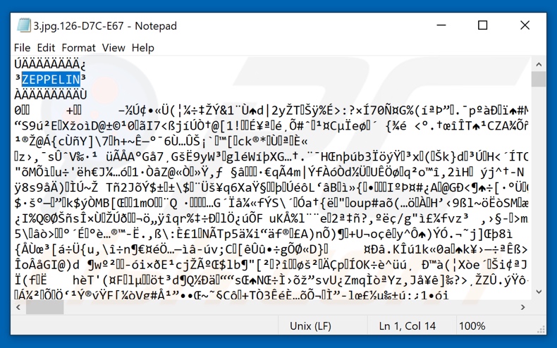 ZEPPELIN ransomware versleuteld bestand met toegevoegde filemarker