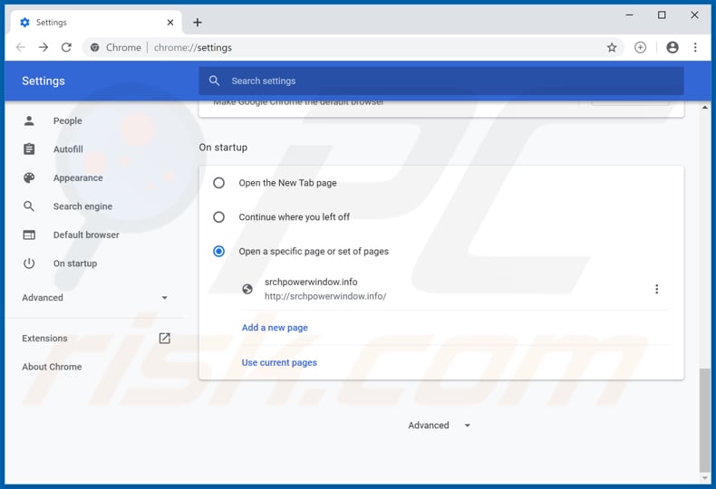 Verwijdering srchpowerwindow.info uit Google Chrome startpagina