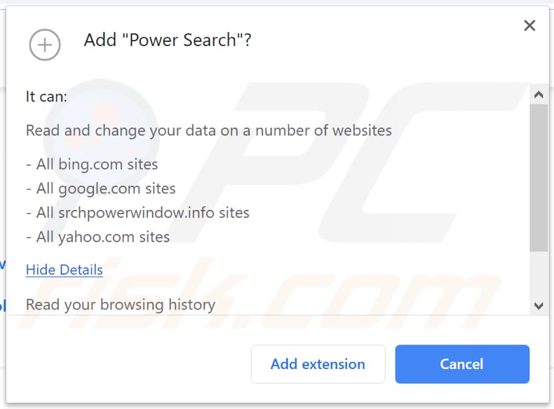 Power Search browserkaper vraagt om teostemmingen