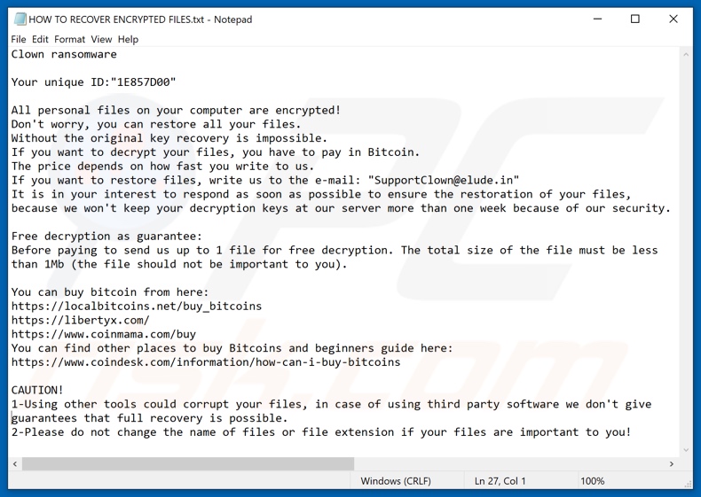 Clown ransomware tekstbestand (HOW TO RECOVER ENCRYPTED FILES.txt)