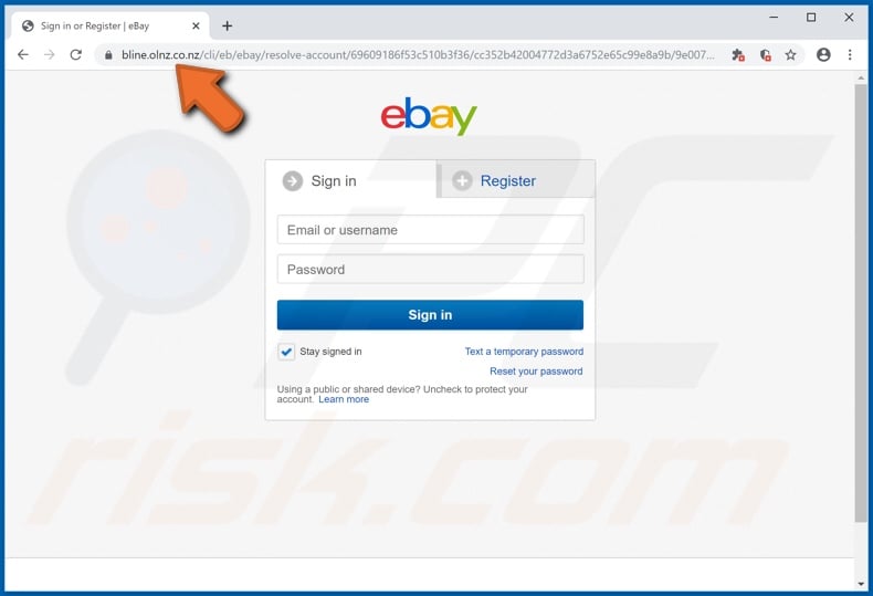 phishing-website waarop de oplichting met eBay e-mails wordt uitgevoerd