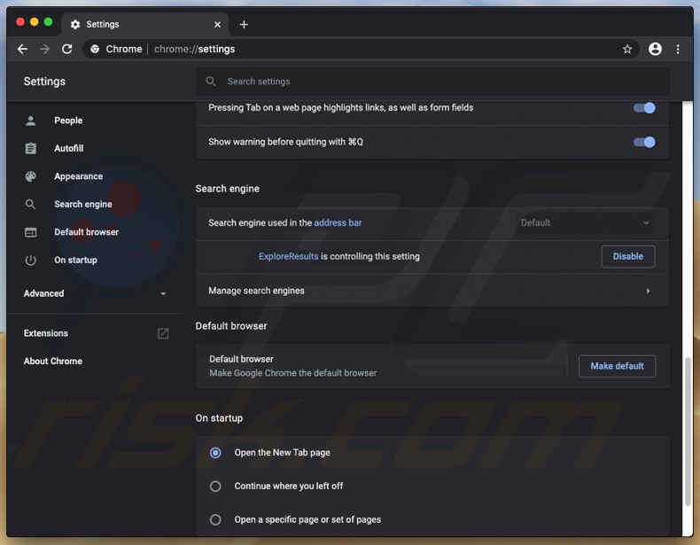 ExploreSearchResults adware kaapte Chrome-instellingen