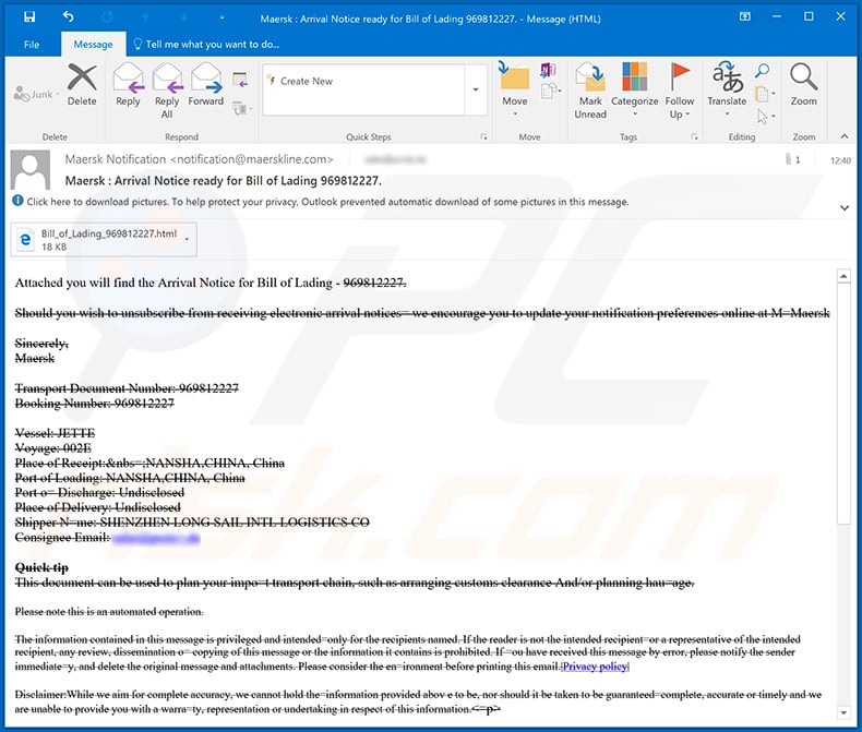 Maersk spam email gebruikt voor phishing