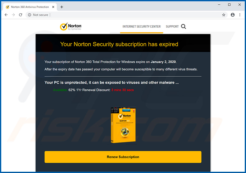 Norton Subscription Has Expired Today pop-up scam