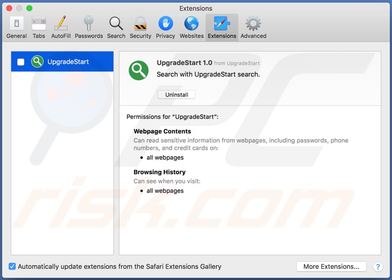 upgradestart adware geinstalleerd op de safari browser