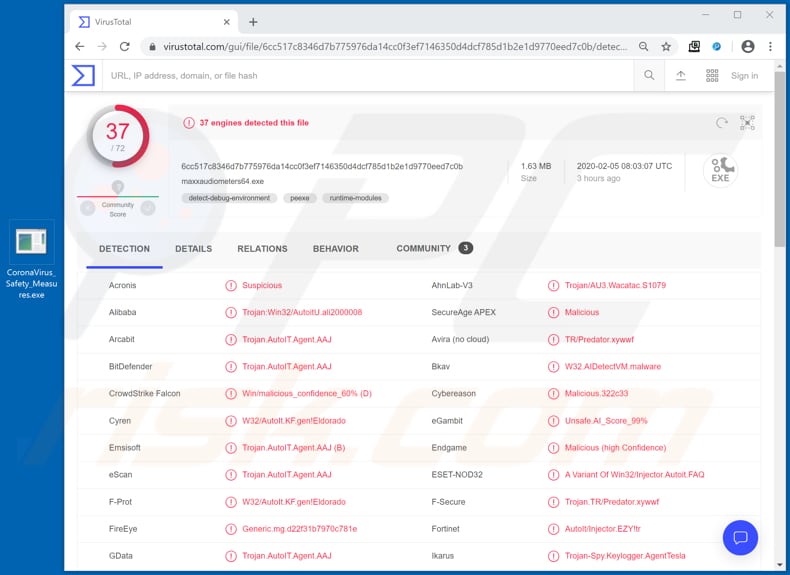 Bestand in een coronavirus spamcampagne wordt gedetecteerd als virus door virustotal