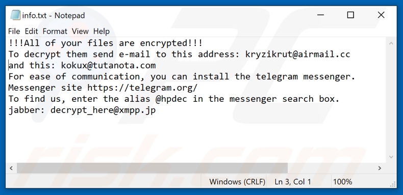 Dewar ransomware tekstbestand (info.txt)