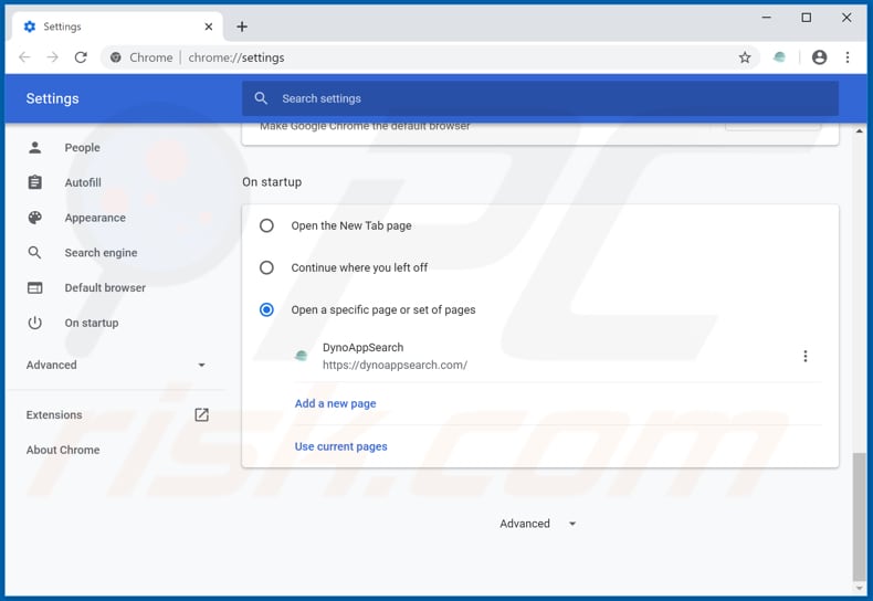 Verwijdering dynoappsearch.com uit Google Chrome startpagina