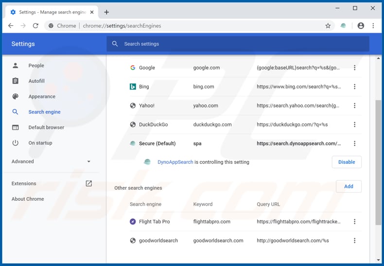 Verwijdering dynoappsearch.com uit Google Chrome standaard zoekmachine