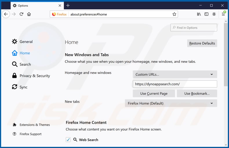 Verwijdering dynoappsearch.com uit Mozilla Firefox startpagina