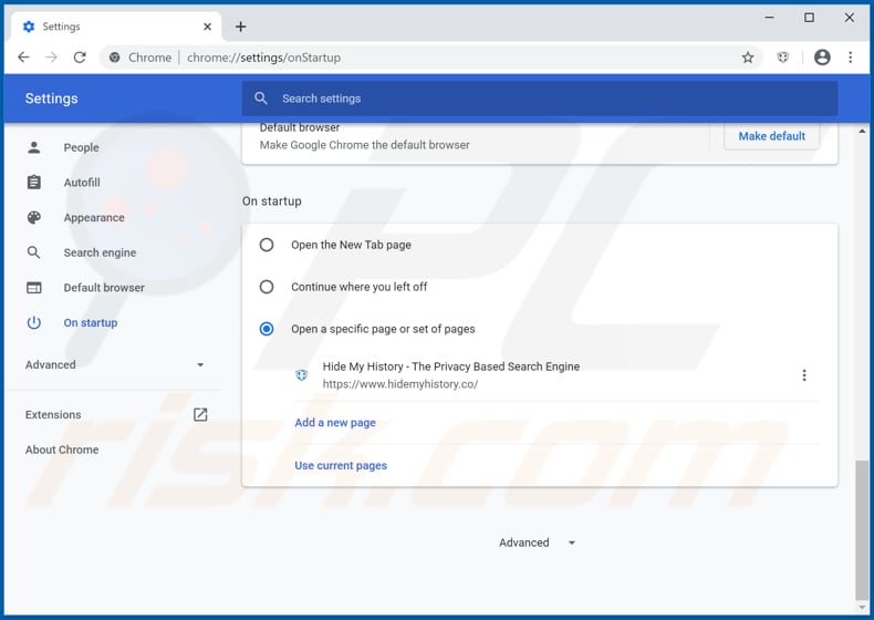 Verwijdering hidemyhistory.co uit Google Chrome startpagina
