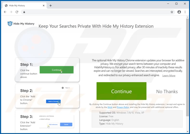 Website promoot de Hide My History browserkaper