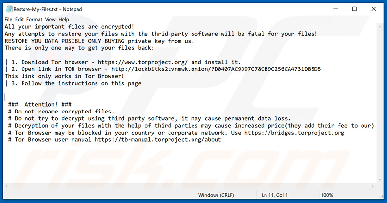 Geupdate LockBit ransomware tekstbestand (Restore-My-Files.txt)