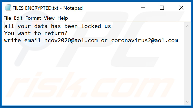 Geüpdate Ncov ransomware tekstbestand - FILES ENCRYPTED.txt