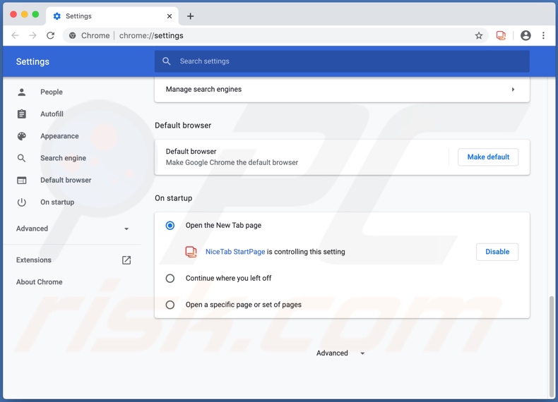 Chrome instellingen gecontrolleerd door de NiceTab StartPage browserkaper