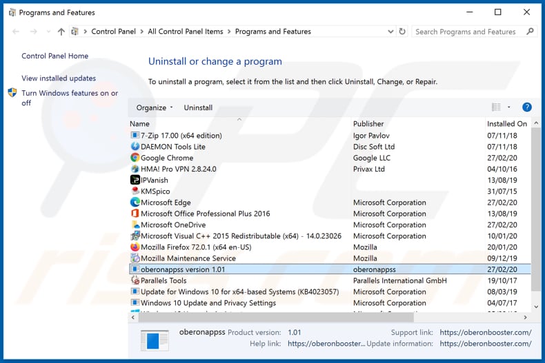 OBERONBOOSTER adware verwijderen via het configuratiescherm