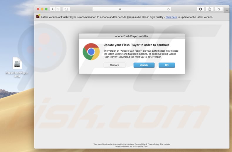 Misleidende website promoot de valse Adobe Flash Player installatie die Opera installeert
