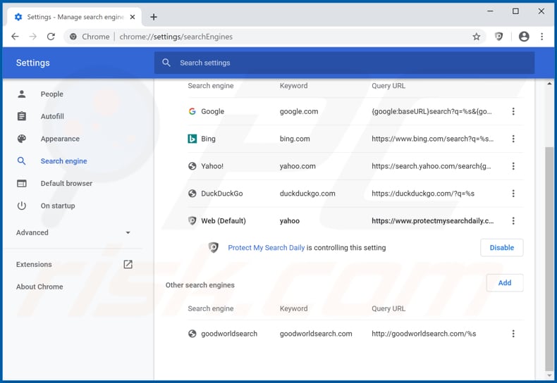 Verwijdering protectmysearchdaily.com uit Google Chrome standaard zoekmachine
