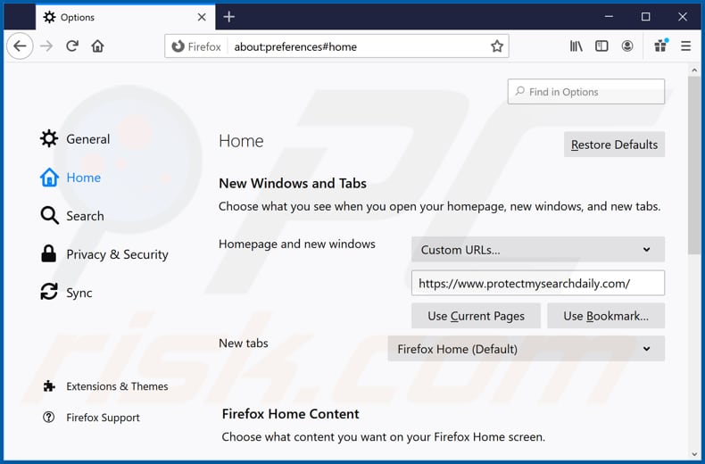 Verwijdering protectmysearchdaily.com uit Mozilla Firefoxstartpagina